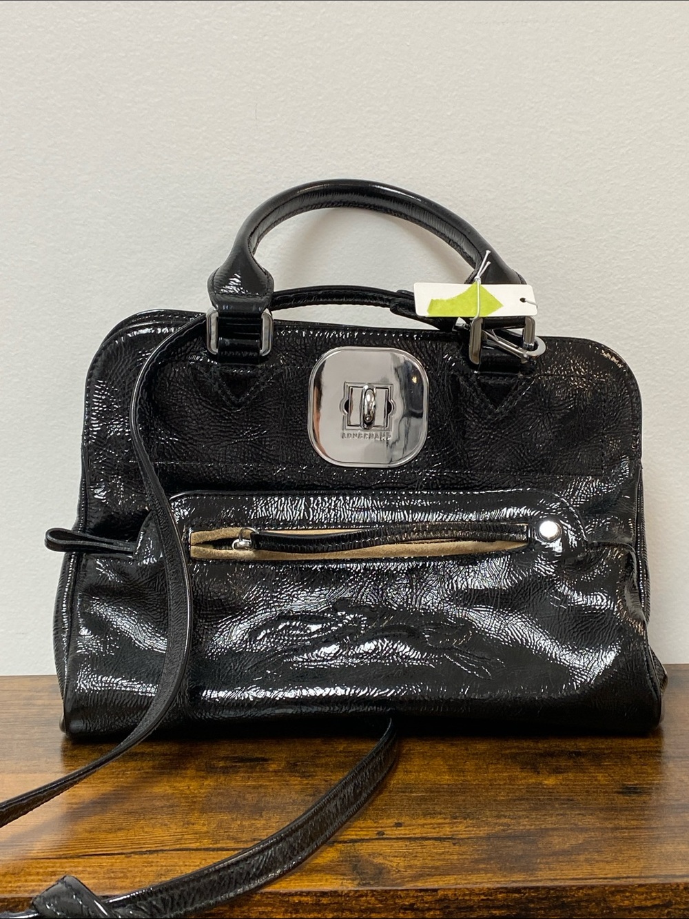 Longchamp Black Patent Leather Satchel with Silver-Tone Hardware